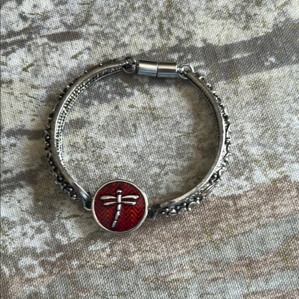 Silver and Red Dragonfly Bracelet with Magnetic Closure